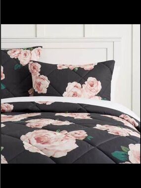 Floral Quilted Comforter Set - Black with Blush Rose Print pottery barn Twin XL